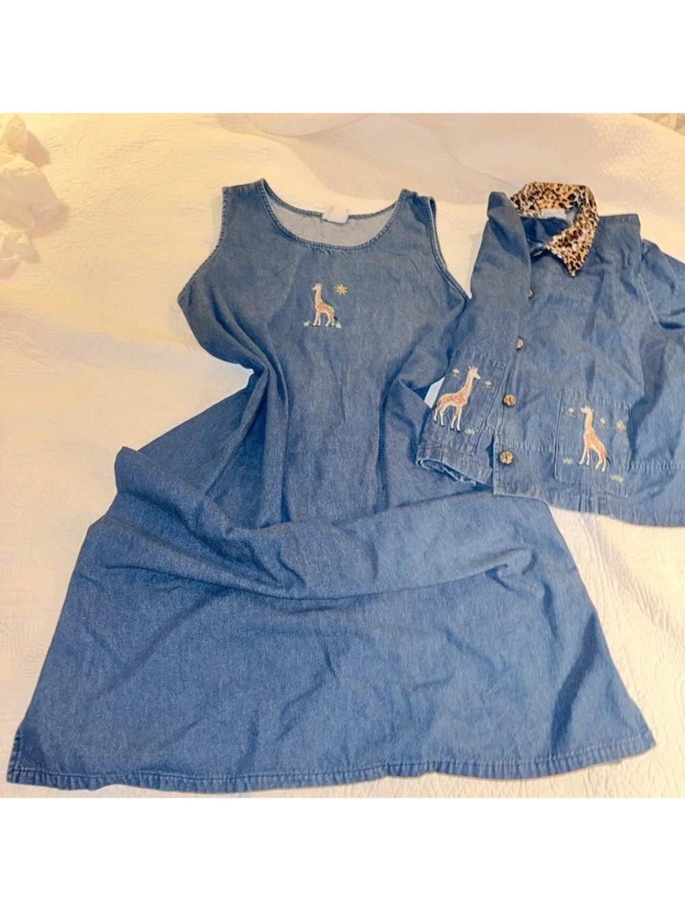 Teacher Giraffe Denim Vintage Embroidered Dress and Jacket with Leopard details